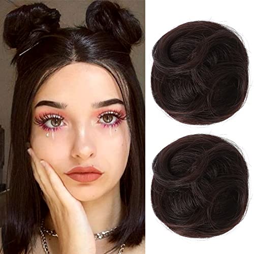 REECHO Space Bun Hair Pieces, 2 PCS Mini Claw Clip in Messy & Cat Ears Fake Hair Bun Extensions HB001 Wig Accessory Updo Hairpieces for Women Girls (Pack of 2-3.5" Wavy, Black Brown)