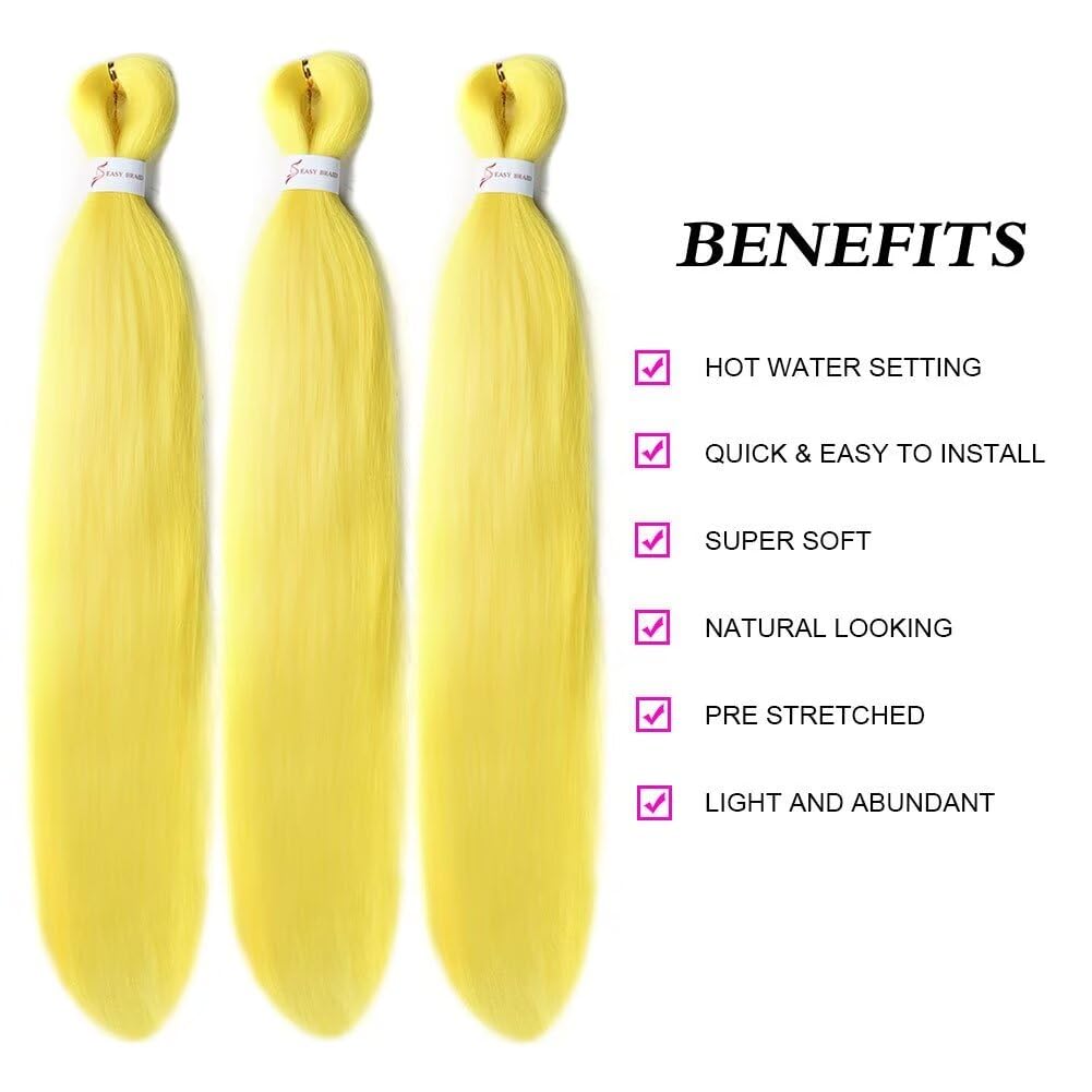 CANELIA Pre stretched Braiding Hair 26 Inch Yellow Braiding Hair Extensions Yaki Braids Hair Hot Water Setting Synthetic Hair Colored Braiding Hair Pre stretched Crochet Hair(26 Inch,3 Packs,Yellow#)