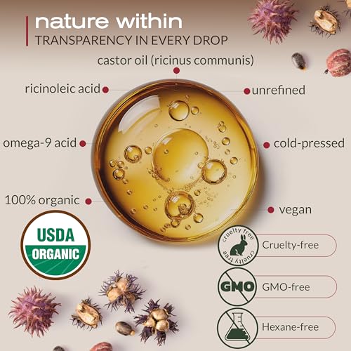 USDA Organic Castor Oil, 100% Pure Cold-Pressed Hexane-Free, 32 Fl Oz