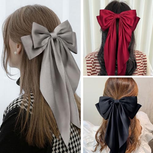 LASPERAL Hair Bow Clips 3PCS Large Ribbon Bow Hair Clips Ribbon Hair Clips Bowknot With Long Tail Tassel Bowknot Hair Clips Hair Barrettes with Bow Accessories Cute Aesthetic Hair Accessories