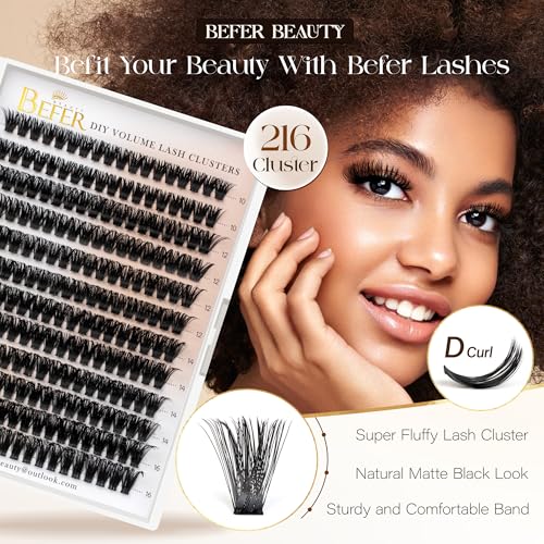 BEFER D Curl Eyelash Clusters, 216 Pcs, 10-16mm Reusable