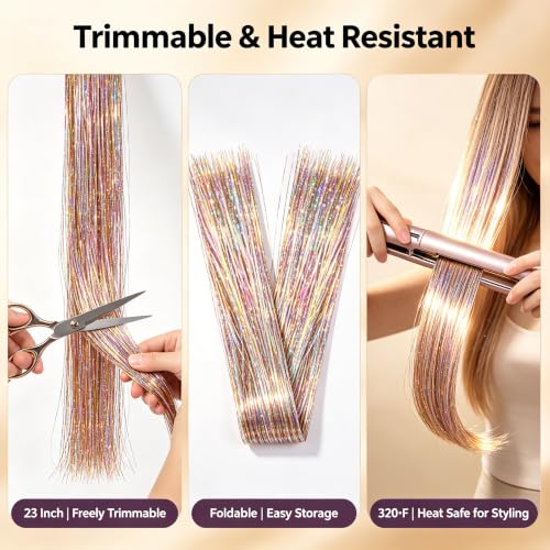 HandWig Galaxy Pink Hair Tinsel Kit with Comb & Refill - 80 Strands, 23 Inch & 47 Inch
