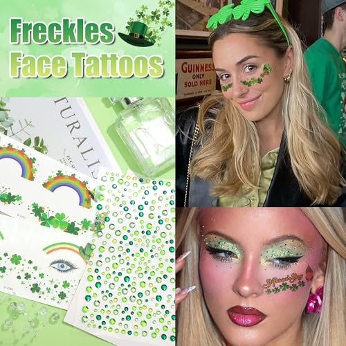 St. Patrick's Day Face Tattoo Stickers with Green Rhinestones