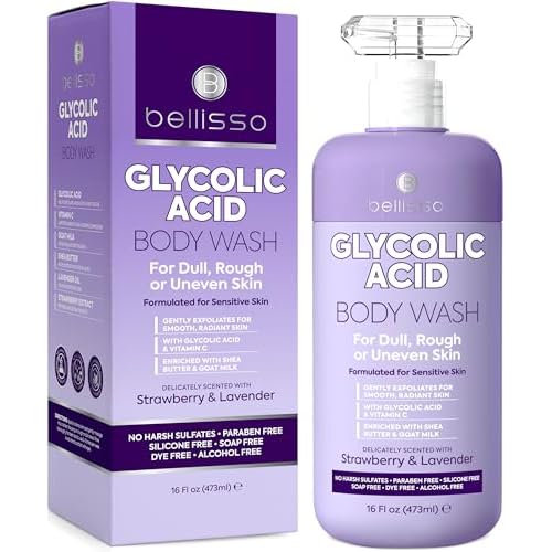 BELLISSO Glycolic Acid Body Wash - Exfoliating AHA Liquid Soap for Rough and Bumpy Skin - Gentle Exfoliant - Bump and Lump Eraser Formula - 16 Fl Oz