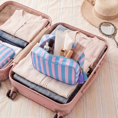 Kacctyen 6-Pack Peony Pink & Slate Blue Striped Makeup Bags with Tassels