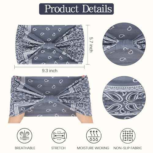 YARIEW Boho Headbands for Women Wide Bandana Headbands Stretch Knotted Headband Elastic Head Bands Women's Hair Band Non-Slip Yoga Workout Head Wraps Hair Accessories for Women Girls