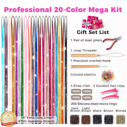 Hair Tinsel Kit - 8700+ Strands in 20 Colors, 48-Inch Glitter Extensions