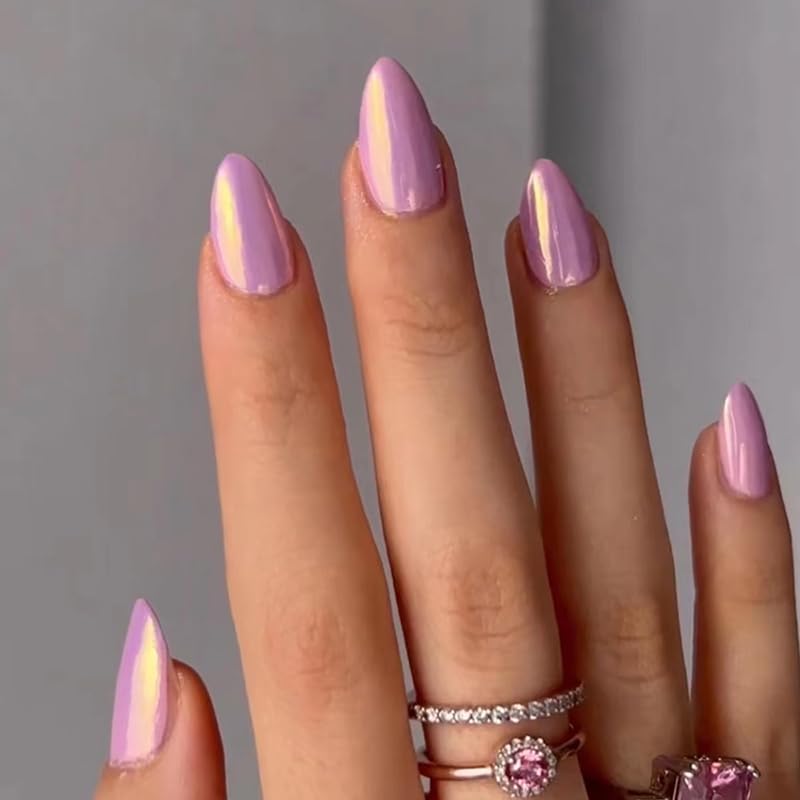 Press On Nails Short Solid Color Luxury False Nails Almond Shape Chrome Press On Natural Acrylic Nail Purple Pink Fake Nails With Glue For Women Girls Gift