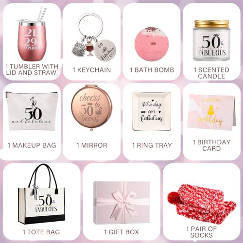 11 Pcs 50TH Birthday Gifts Sets for Her Include Tote Bag Makeup Bag Ring Tray Wine Tumbler Scented Candle Keychain Socks for Women Mom Wife Sister Coworker Happy 50 Birthday Valentines Gifts