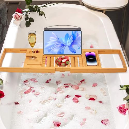 Expandable Bamboo Bathtub Caddy Tray with Wine Glass Holder