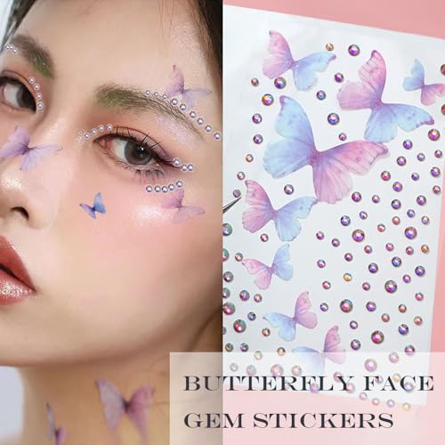 Butterfly Face Gem Stickers - 4 Sheets 3D Crystal Jewels