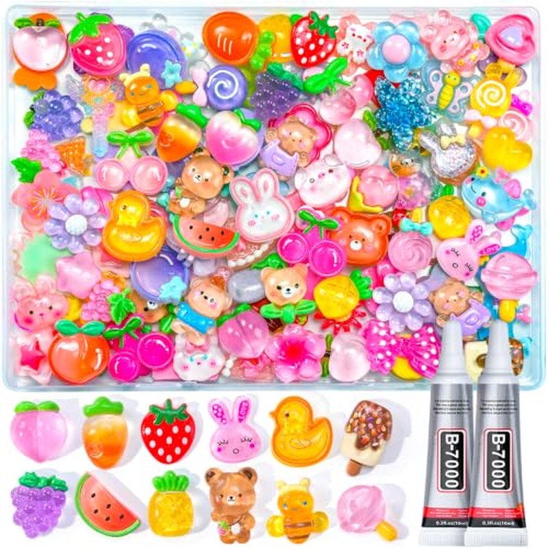 100PCS Flatback Resin Charms Kit with Glue for Crafts