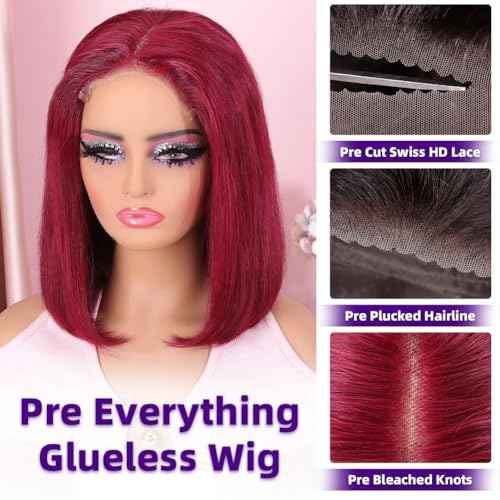 Burgundy 5x5 HD Lace Closure Bob Wig Human Hair Glueless Wear and Go Wigs for Black Women 200 Density Virgin Hair Pre Cut Pre Plucked Bleached Knots Glueless Wig 14 Inch 99J Free Part Bob