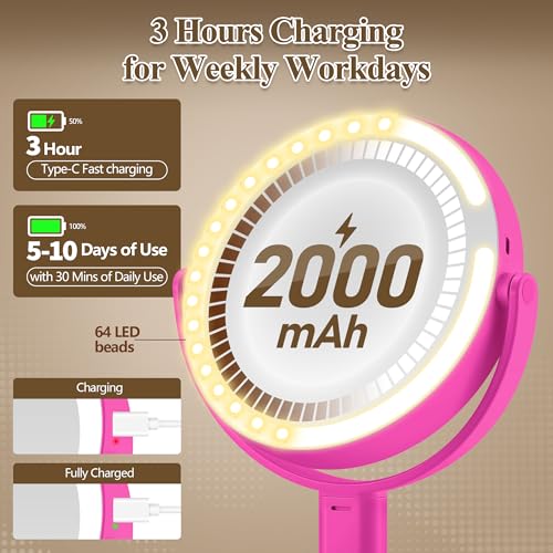 Makeup Mirror with Lights, Double Sided 1x/20x Magnifying Mirror with Light, Rechargeable 3 Color Lights and Adjustable Brightness, 360¡Æ Rotation Detachable Comes with Tweezer(Hotpink)