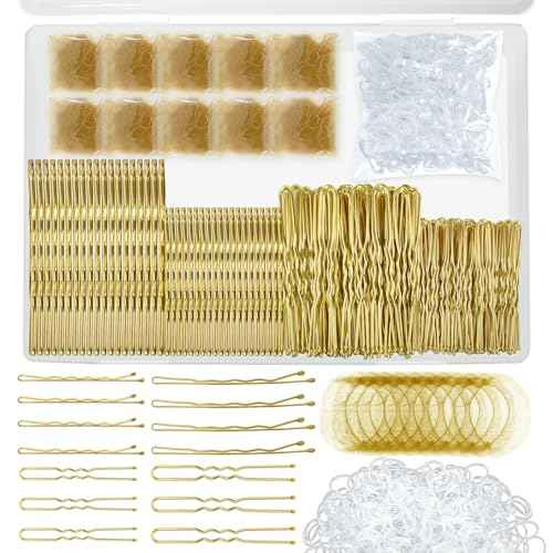 510PCS Blonde Bobby Pins Hair Pins Kit with Hair Net, YINGFENG Includes 100 Bobby Pins for Women, 100 U Shaped Buns Hair Clips, 300 Hair Bands and 10 Blonde Hair Nets, Dance competition must haves