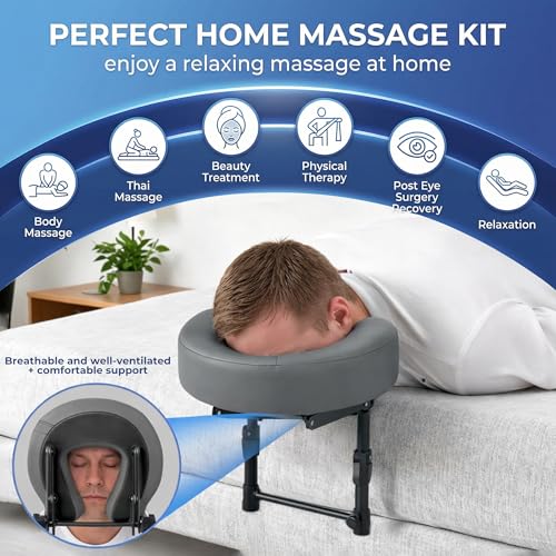Massage Headrest for Bed, Foldable Adjustable Massage Memory Foam Face Cradle, Portable Head Rest Attachment for Mattress, Waterproof Leather Home Bed Massage Head Holder with Face Pillow