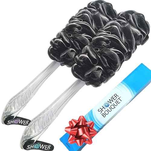 SHOWER BOUQUET Loofah-Charcoal Back-Scrubber 2-Pack // Long-Handle Bath-Sponge Brush/Extra Large Soft Mesh Loofa-Lufa-Loufa for Men & Women - Exfoliate with Full Pure Cleanse in Bathing Accessories