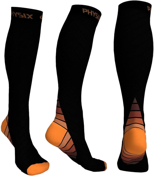 Physix Gear Compression Socks 20-30 mmHg - Men & Women - Running, Nurses, Shin Splints, Flight, Travel (BLACK/ORANGE-S/M)