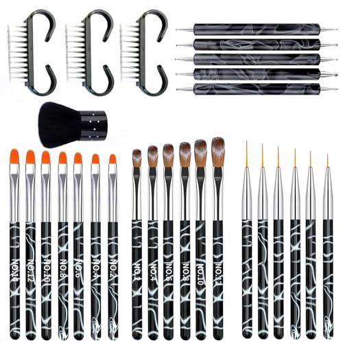 28-Piece Nail Art Brush Set with Black Marble Handles
