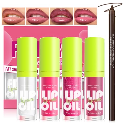 4 Colors Hydrating Lip Oil Plumping + Lip Liner Set, Shiny Glow Reviver Lip Care Oil, Moisturizing Big Brush Head Clear Pink Glitter Transparent Lip Gloss Combo Makeup Present for Women