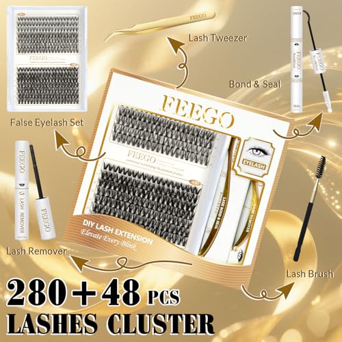 FEEGO Charming Kits 30D+40D D Fluffy Eyelash Extensions Kit, 280pcs Lash Clusters Wispy 9-16mm Applicator for Beginners, Individual Lashes, Lash Bond, Seal Glue, Remover (3040D Charming Kit)