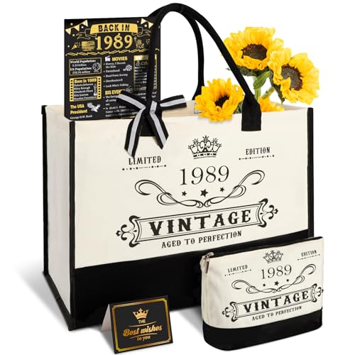 YeohJoy 37th Birthday Gifts for Her Canvas Tote Bag Travel Gear, Unique 37 Years Old Birthday Gifts for Wife Women Sister Friends Her, Vintage 1989 Handbag & Makeup Bag & 37th Greeting Card