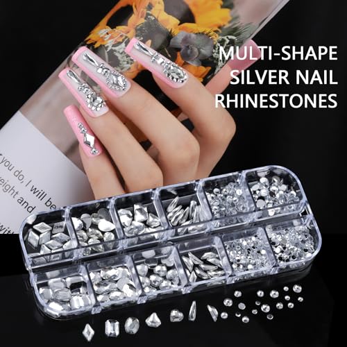 Teentior Nail Charms and Gems Silver Rhinestones for Nails with 15 Sheets Nail Stickers, 6 Boxes Nail Gems Y2K Accessories Pearls for Nails, Cross Nail Charms for Nails Design Caviar Beads for Nails