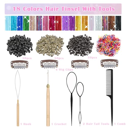 Hair Tinsel Kit, 18 Colors 7800 Strands 48 Inch Heat Resistant