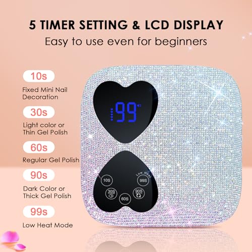 UV LED Nail Lamp Cordless, HUITINE 80W Rechargeable UV Light for Gel Nails, Professional Gel Light Dryer with 5 Timers & Mirror Base, Sparkling Rhinestones Diamond Curing Lamp for Salon & Home