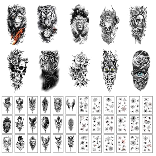 "70PCS Temporary Tattoos men and Adults - Waterproof Fake Tattoos Stickers,Tiger Skull Skeleton Tattoos kit Stickers.party and Summer Designs.