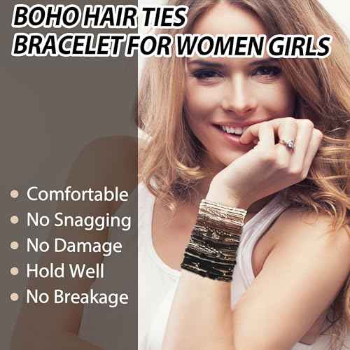 20 PCS Boho Ponytail Holders - 4 Neutral Colors, 5 Styles Hair Bands & Bracelets for Women's Thick or Thin Hair, No Damage