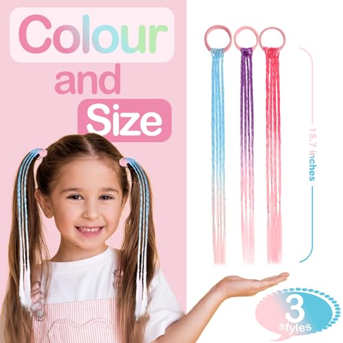 Colored Braids Hair Extensions for Kids,Girls Braided Ponytail Extension,Rubber Bands Hair Extensions,Rainbow Braided Synthetic Hairpieces,Crazy Hair Day Accessories,Cosplay Dress Up,Mardi gras FH-02