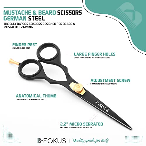 B-FOKUS 5.5” Durable Beard and Mustache Scissors, Black German Stainless Steel Beard Scissors, for Facial Hair Care, Beard Scissors for Men Come with Unique Design Pouch (Gold and Silver, 5.5 inch)