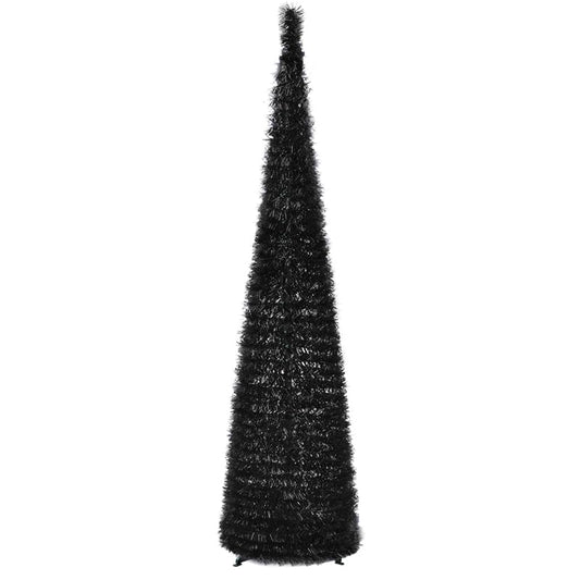 5FT Black Halloween Christmas Tree, Pop Up Tree Tinsel Collapsible, Pencil Christmas Tree Skinny with Stand for Home Apartment Holiday Party Halloween Indoor Outdoor Decorations (Black)