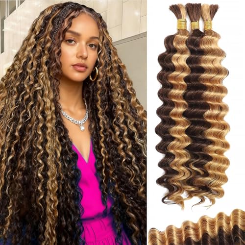 Aailvmey Human Braiding Hair 120g Boho Curly Deep Wave 22 Inch #4/27 Bundle
