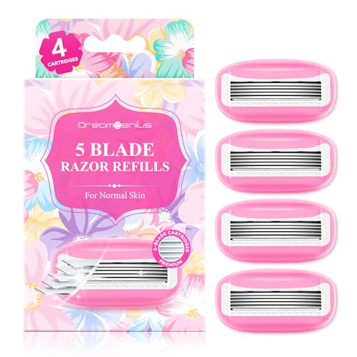 DreamGenius Women¡¯s Razor Blades Refills Include 4 Cartridges, Extra Smooth 5-Blade Travel Razor Refills for Comfort Shaving, Pink