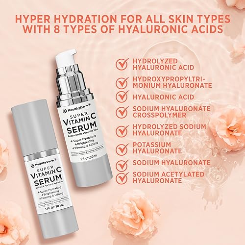 Super Vitamin C Serum for Women Over 70: Niacinamide, Vitamin C, Hyaluronic Acid, Peptides, Vitamin E, Caffeine, Bakuchiol, Hydrating, Lifting, Wrinkle & Age Spots Reduction Pack of 2