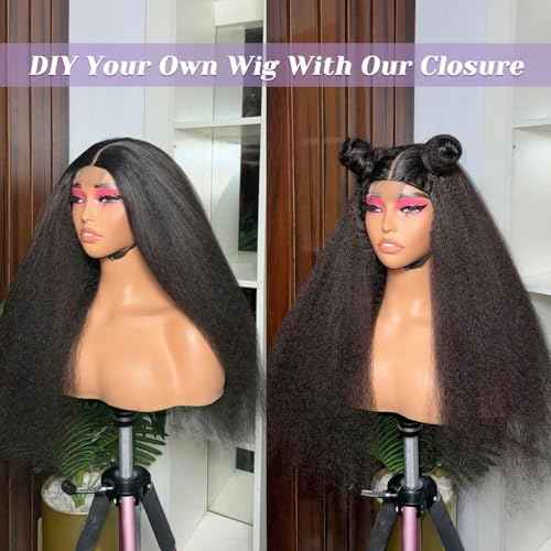 Kinky Straight Closure 2x6 HD Lace Yaki Straight Lace Closure Transparent 100% Real Human Hair Middle Part Long Parting Natural Black 1B Color 16 Inch