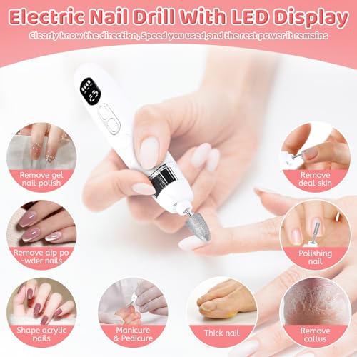 Electric Nail File,10 Speeds Cordless Nail Drill, Portable E Filer for Nails with LED Lighting, Battery Operated Rechargeable Power Nail File, Electric Nail Drill Kit for Thick Toenail Polishing