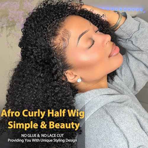 V SHOW Afro Curly 3 In 1 Half Wig Human Hair Elastic Drawstring Wear Go Glueless Kinky Curly Human Hair Half Wigs Friendly To Beginners 180% Density Natural Hairline Flip Over Wig 24Inch