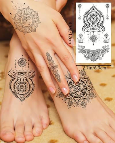 Black Henna Temporary Tattoos - 10 Sheet Mandala Flower Design