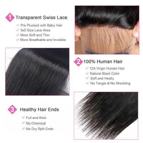 5x5 Transparent HD Lace Closure Human Hair Straight Lace Closure Unprocessed Virgin Human Hair Invisible Lace Frontal Closure Pre Plucked with Baby Hair Natural Black Color 14 inch