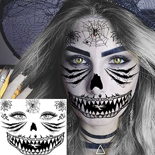 4 Sheets Scary Halloween Face Temporary Tattoos For Women Men, 3D Witch Zombie Makeup Kit For Kids Girls Boys Adults, Dia de los muertos Day of the Dead Makeup Face Tattoos Spider Web Bat Scar