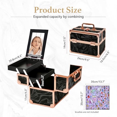 Makeup Train Case with Mirror & 2 Trays, Portable Cosmetic Organizer