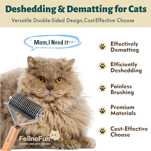 FelineFun Cat Grooming Brush for Dematting & Shedding - 2-in-1 Undercoat Rake for Long & Indoor Cats