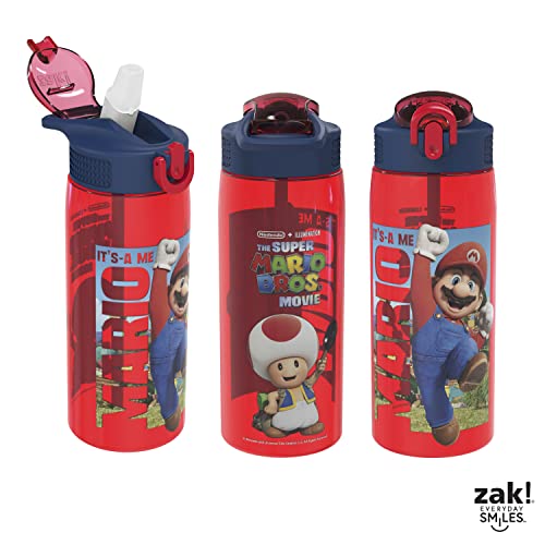 Zak Designs The Super Mario Bros. Movie Water Bottle For School or Travel, 25 oz Durable Plastic Water Bottle With Straw, Handle, and Leak-Proof, Pop-Up Spout Cover (Mario, Toad)