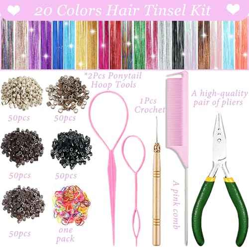 Hair Tinsel kit 20 Colors with Tools, 50 Inch Fairy Hair Tinsel Kit Extensions, 8600 Heat Resistant Holographic Glitter Strands Sparkle Party Halloween Cosplay Hair Accessories for Girls (20 Colors)