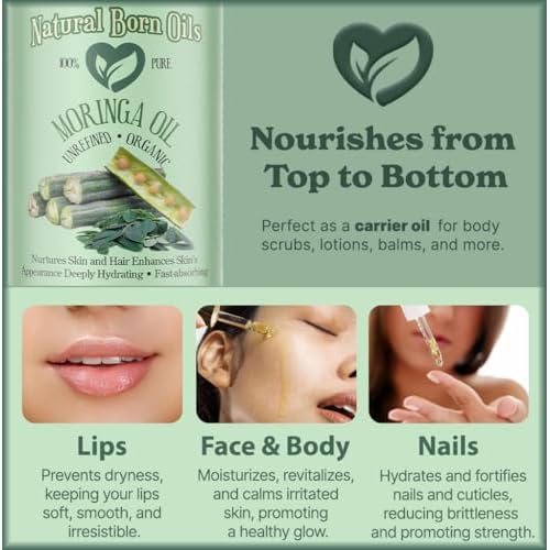Natural Born Oils Moringa Oil, 8oz, Organic, Cold-Pressed, Rich in Vitamins A & C, Ideal for Moisturizing Skin, Strengthening Hair