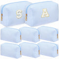 Light Blue Seersucker Cosmetic Bags 8 Pack with A-Z Chenille Letter Patches - Travel & Makeup Organizer