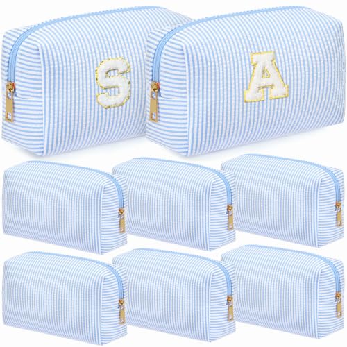 Light Blue Seersucker Cosmetic Bags 8 Pack with A-Z Chenille Letter Patches - Travel & Makeup Organizer
